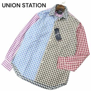 【新品 未使用】 UNION STATION ユニオンステーション メンズビギ クレイジー切替 長袖 チェック シャツ Sz.S　メンズ　A4T00727_1#C