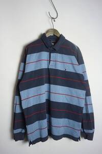 正規 TOMMY HILFIGER トミーヒルフィガー 長袖 ポロ シャツ ボーダー カットソー 青 サイズXXL 本物 1212O