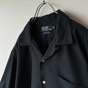 【1円スタート】POLO ポロ ラルフローレン CALDWELL 半袖 シャツ L オープンカラー シルク コットン ブラック 黒 無地 アロハ ビンテージ