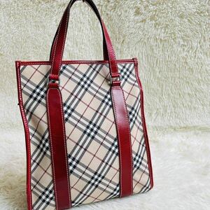 1円 正規品本物 BURBERRY バーバリーブルーレーベル ノバチェック キャンバス ハンドバッグ トートバッグ レディース ベージュ×レッド系