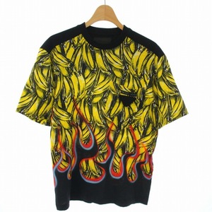 プラダ PRADA 18AW banana frame フレイムロゴTシャツ カットソー クルーネック 半袖 総柄 XS 黒 ブラック 黄色 イエロー /TK メンズ