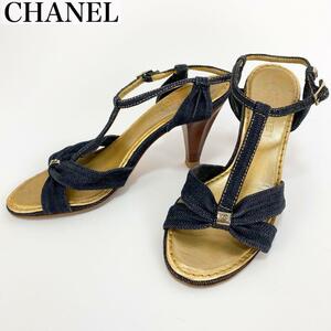 美品 ● CHANEL シャネル ココマーク ● デニム Tストラップ サンダル サイズ ● 35 1/2 約22.5cm ネイビー×ゴールド ● ココシャネル