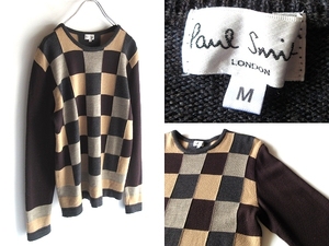 希少 90sビンテージ Paul Smith LONDON ポールスミス ロンドン パッチワーク風 ブロックチェック切替 ウール ニット セーター M 日本製