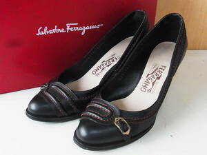 TS 綺麗 FERRAGAMO フェラガモ イタリア製 ステッチデザイン レザーパンプス 茶 サイズ6D 靴