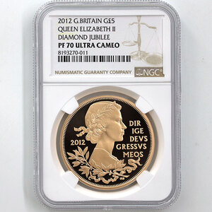 2012 英国 エリザベス2世即位60周年記念 ダイヤモンド・ジュビリー 5ポンド 金貨 プルーフ NGC PF 70 UC 最高鑑定 完全未使用品 元箱付