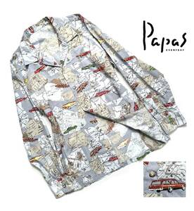 美品【定価3万超】Papas パパス 総柄 オープンカラーシャツ 48(M) クラシックカー アメ車 マップ 送料370円【雰囲気抜群の一枚】日本製