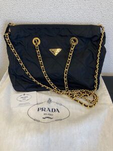 美品 PRADA プラダ テスート キルティング ゴールドチェーン ショルダーバッグ バッグ ナイロン 黒 メンズ レディース 三角ロゴ