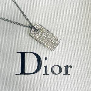 クリスチャン ディオール Christian Dior ネックレス ペンダント プレート ラインストーン ロゴ シルバー ヴィンテージ アクセサリー 刻印