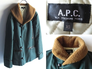 A.P.C. アーペーセー くるみ釦 ムートンボア襟 レザー使い カーコート ランチコート ショールカラー ジャケット XS グリーン 緑 国内正規品