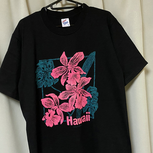 80s 90s USA製 ビンテージ HAWAII ハワイ ハイビスカス ロゴ Tシャツ 花柄 発泡プリント JERZEES Lサイズ 黒 ブラック アメリカ製 vintage