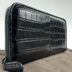 【美品】BOTTEGA VENETA ボッテガヴェネタ 長財布 リアルクロコダイル ブラック メンズ ラウンドファスナー 黒 レザー