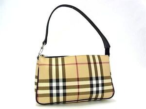 1円 ■美品■ BURBERRY バーバリー ノバチェック PVC×レザー ハンドバッグ ミニバッグ ポーチ レディース ベージュ系 FF9811