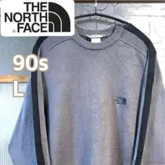 90sTHENORTHFACEノースフェイスニットLグレークルーネック男女兼用