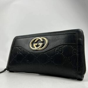 1円〜【入手困難品】 GUCCI グッチ 長財布 ラウンドファスナー シマ GG インターロッキング ブラック 黒 メンズ レザー ウォレット