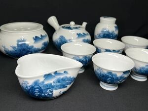 246 時代物 煎茶器揃 無傷 有田焼 畑萬陶苑 染付山水 急須 湯呑 湯冷 茶心 建水 煎茶道具 茶道具 中国美術 古玩