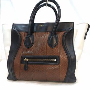 【美品/A4可】セリーヌ CELINE ラゲージ ミニショッパー トートバッグ ハンドバッグ パイソン 蛇 レザー 本革 メンズ ビジネス 白×黒×茶