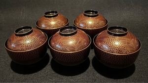 武蔵野蒔絵　溜塗内黒　吸物椀　五客　木箱　木製漆器　汁椀　和食器