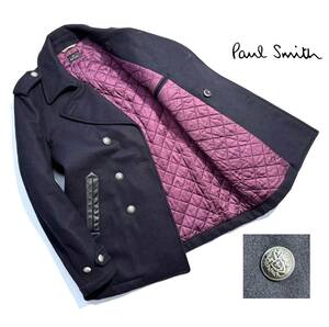 最高級【定価7万超】Paul smith ポールスミス カシミヤ アンゴラ混 ピーコート L レザー 牛革 刻印メタル釦 メンズ Pコート 保温性抜群