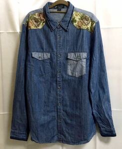 ★1★ BILLABONG GARAGE COLLECTION ビラボン 長袖シャツ メンズ デニム 柄シャツ 花柄 バラ Lサイズ 人気！ おしゃれ 薔薇 