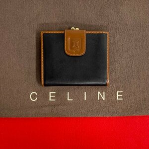 ほぼ未使用 希少品 CELINE セリーヌ トリオンフ ロゴ レザー 本革 がま口 二つ折り 財布 ミニ ウォレット ブラック ブラウン 36729