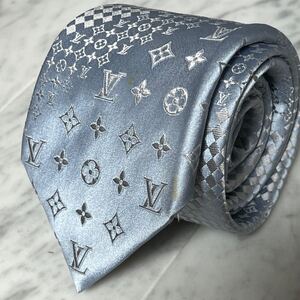 999円～ LOUIS VUITTON ネクタイ ライトブルー ミックスモノグラム LV 総柄 光沢 ダミエ (B9)