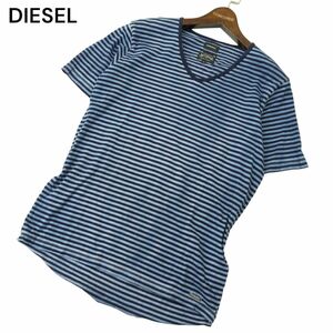 DIESEL ディーゼル 春夏 ロゴ★ インド綿 半袖 ボーダー Vネック カットソー Tシャツ Sz.S　メンズ ネイビー　A4T05041_5#D