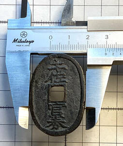 絵銭 土佐官券 背定五匁（たて43.5mm、よこ29.5mm、厚さ2.4mm、重さ14.0g）