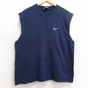 XL/古着 ナイキ NIKE ビンテージ ノースリーブ Tシャツ メンズ 90s ワンポイントロゴ コットン クルーネック 紺 ネイビー spe 24jul13 中古