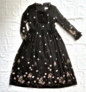 [W4079] 田園詩 花柄シフォン バックリボンワンピース / タグ有 M 総丈120 黒ブラック 透け感 レトロヴィンテージ (ストリートオルガン)