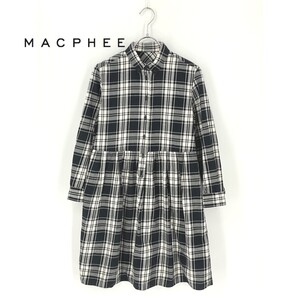 B0056/極美品 MACPHEE マカフィー トゥモローランド コットン チェック ボタンダウン 長袖 シャツ 膝丈 ワンピース 38 M 白 黒 レディース