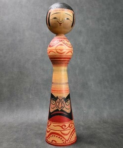 伝統こけし　盛秀太郎 八十老 木形師居士 アイヌマタンブシ模様 32.2ｃｍ 津軽 温湯系 だるま絵 民芸 郷土玩具 伝統工芸