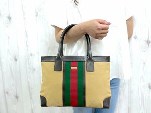 極美品 GUCCI グッチ シェリーライン トートバッグ ハンドバッグ バッグ キャンバス×レザー ベージュ×茶 75818