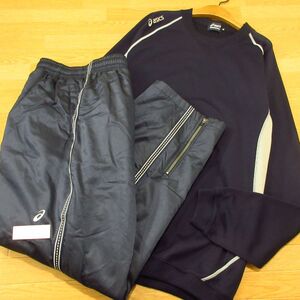 ◎極美品！XL 上下セット！asics アシックス 野球◆厚手 裏フリース ジャージジャケット&ナイロンパンツ 防寒 秋冬！◆メンズ 紺◆BA1360