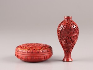 中国古玩 唐物 堆朱 花瓶 香合 鼻煙壷 時代物 極上品 初だし品 C9626