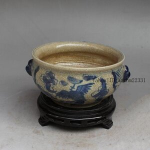 大明万暦 双鳳 青花 人物 双耳香炉 工芸品美術品 置物