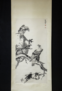 【版画】　八大山人　雙鷹図　中国書画　古い水印作品