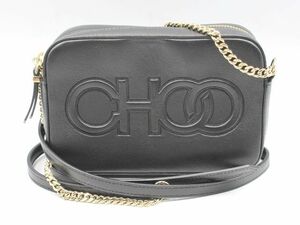 ◆中古 JIMMY CHOO ジミーチュウ BALTI バルティ レザー チェーン ショルダーバッグ エンボスロゴ入り ブラック ゴールド金具 レディース◆