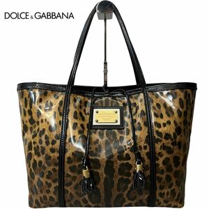 極美品●DOLCE&GABBANA ドルチェ&ガッバーナ レオパード 黒 トートバッグ ビジネス A4可 肩掛け PVC パテントレザー レディース メンズ