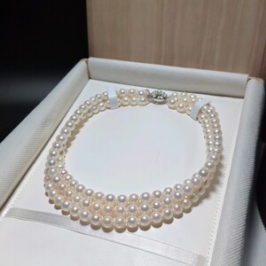 【大粒3連】アコヤ真珠 7.5-8.0mm 39.5cm 干渉色 桐箱 ホワイト ネックレス 本真珠 アクセサリー SILVER pearl あこや パール