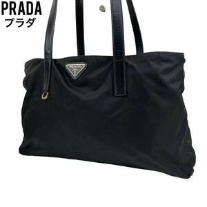 PRADA プラダ　トートバッグ　SV金具　ブラック　黒　肩掛け　ハンドバッグ　ショルダーバッグ　テスートナイロン レザー　三角プレート