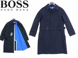 21万新品◆48=M◆BOSS ヒューゴボス 撥水・防水加工コットン素材ウエストベルト付きコート 濃青 1円