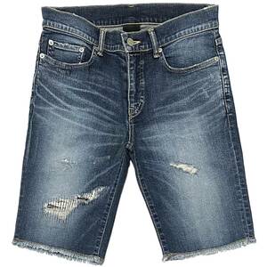 定価5万 AKM STRETCH CRASH DENIM 9OZ SHORT PANTS Sサイズ ブルー ストレッチデニムショートパンツ ジュンハシモト wjk