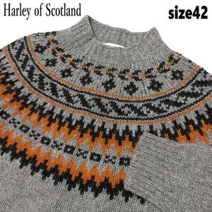 【美品】Harley of Scotland ハーレーオブスコットランド フェアアイル ウール ニットセーター 42 XL グレー 黒 ブラック ブラウン 茶