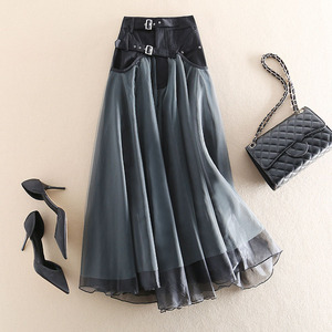 デニム＆シフォンスカート★新品★大きいサイズ★切り替えロング丈スカートかっこいい黒＆gray