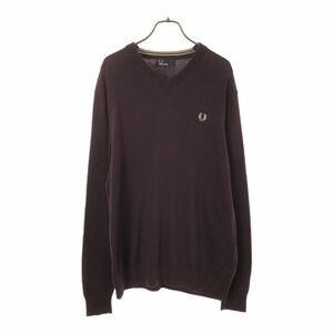 フレッドペリー ロゴ刺繍 長袖 Vネック セーター L パープル FRED PERRY ニット メンズ