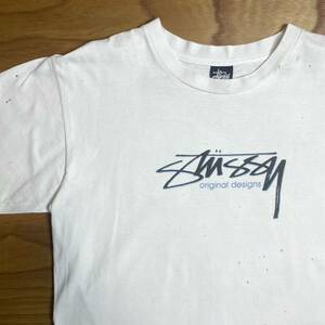 USA製 90s STUSSY センターロゴ ボロ古着 ペンキ汚れ ステューシー　 アメリカ製 90年代 ビンテージ オールド ビッグロゴ ホワイト 柳10096