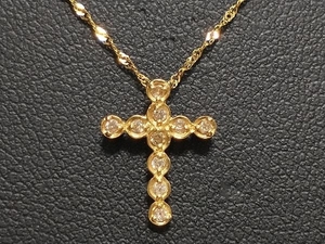K18 18金 YG ダイヤモンド クロス 十字架 デザイン ペンダント ネックレス イエローゴールド D0.1ct 1.5g 41cm 店舗受取可