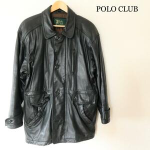良品 POLO CLUB ポロクラブ レザー ミドル丈 レザージャケット ハーフコート シングル ジャケット M 黒 ブラック