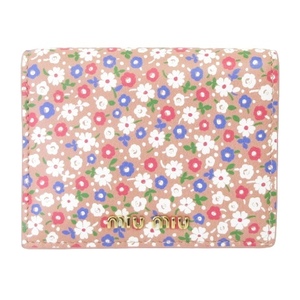 ミュウミュウ miumiu 二つ折り財布 コンパクトウォレット 折りたたみ イタリア製 花柄 フラワープリント レザー ピンク系 レディース