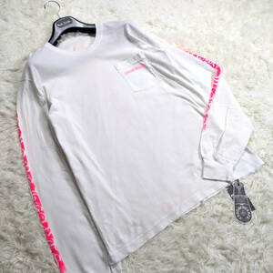 極美品CHROME HEARTSロングTシャツ袖リブロゴライン入ミディアムMedium白ホワイト桃色ピンクロングスウェット大きいサイズ クロムハーツ